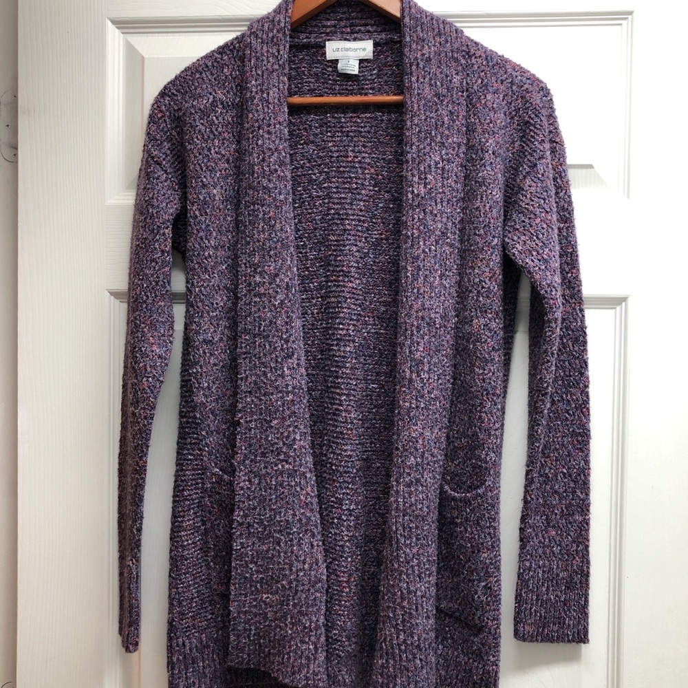 Liz Claiborne Small Lavender-Purple Open Front Bouclé Cardigan